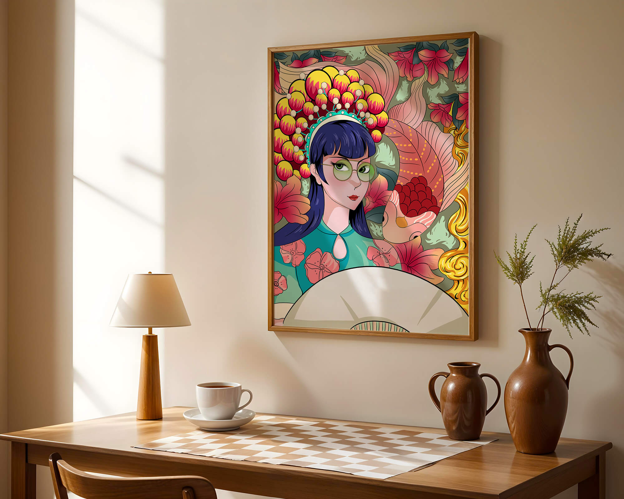 Colorful illustration of a woman with floral headdress and fish background
