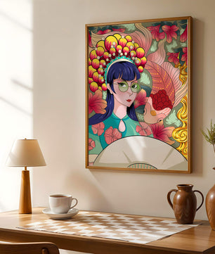 Illustration colorée d’une femme avec une coiffe florale et un fond de poissons