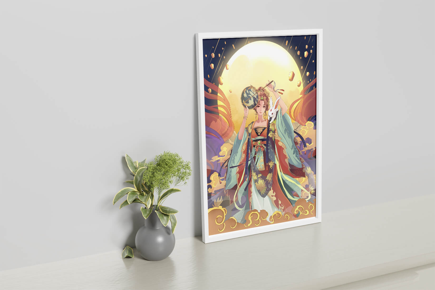 Elegant fantasy illustration with celestial elements and rabbit