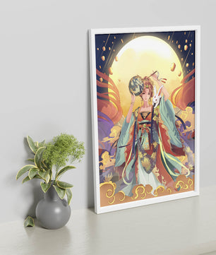Elegant fantasy illustration with celestial elements and rabbit