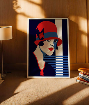 Femme élégante de style art déco avec chapeau cloche rouge et motifs géométriques