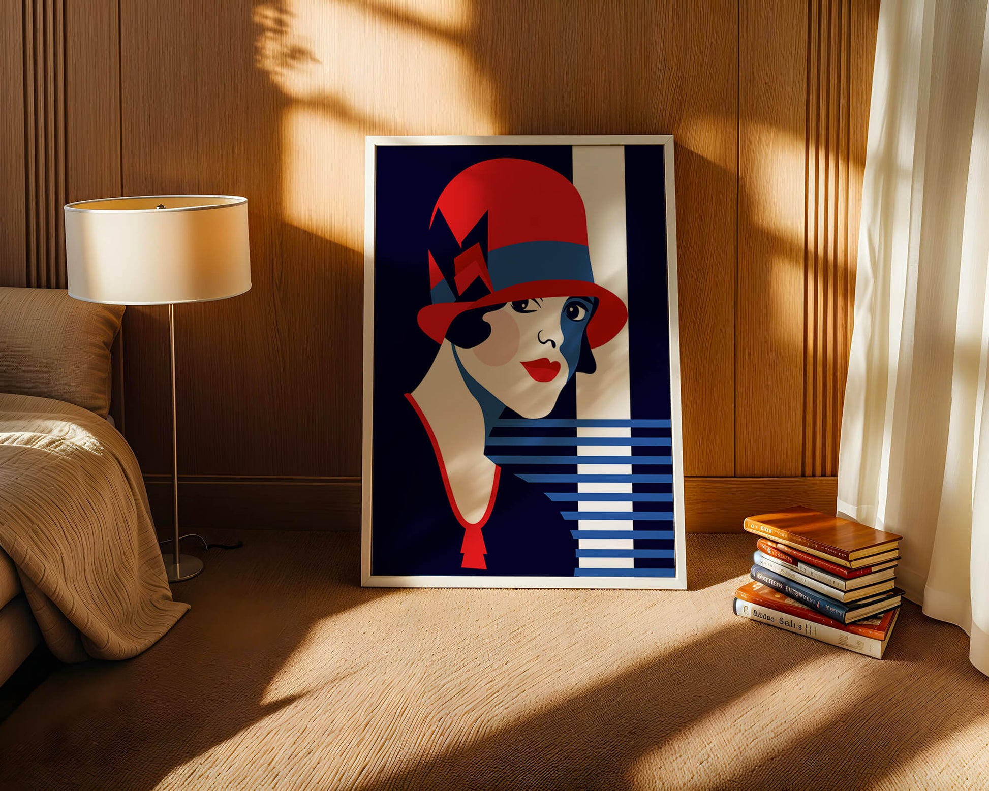 Elegante mujer de estilo art déco con sombrero cloche rojo y patrones geométricos.