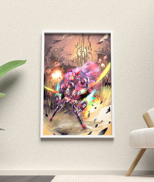 Personnage d’anime guerrier futuriste avec des lames d’énergie dans un paysage urbain de science-fiction