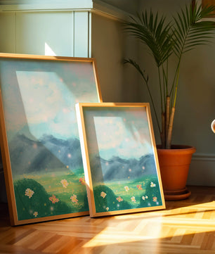 Serene Landscape with Blooming Flowers and Majestic Mountains