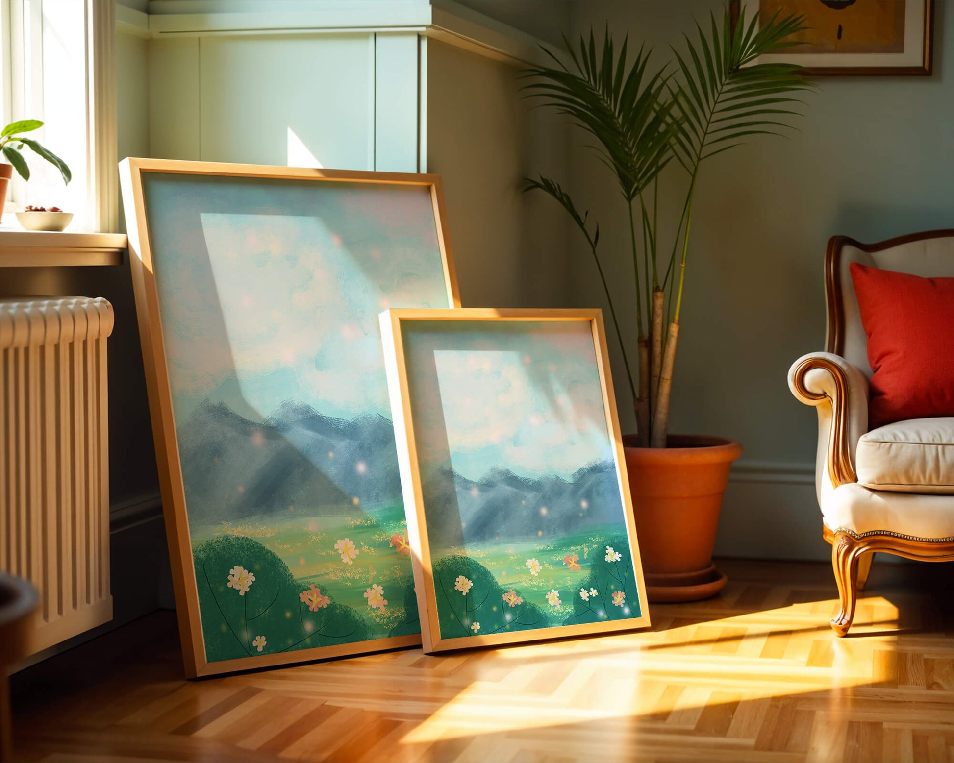 Serene Landscape with Blooming Flowers and Majestic Mountains