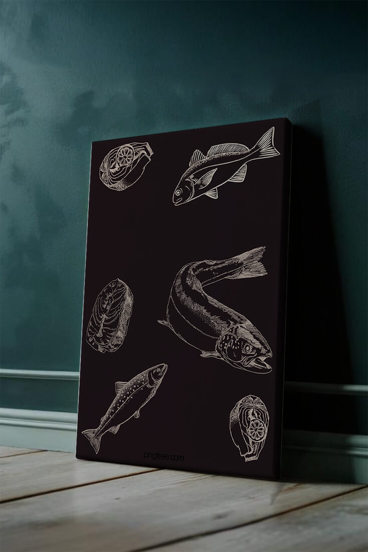 Detailed illustration of fish and seafood elements on dark background