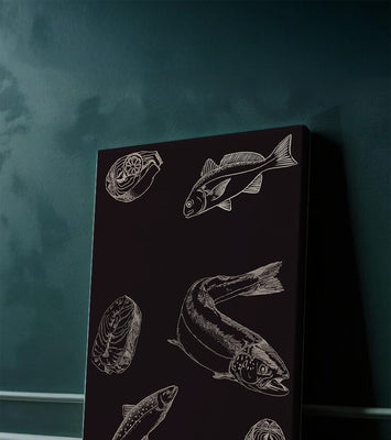 Detailed illustration of fish and seafood elements on dark background