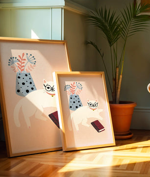 Illustration of playful cat with book and floral vase