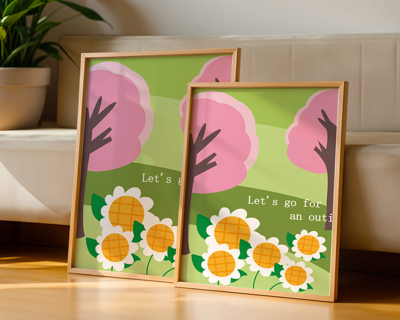 Charming spring landscape with pink trees and daisies