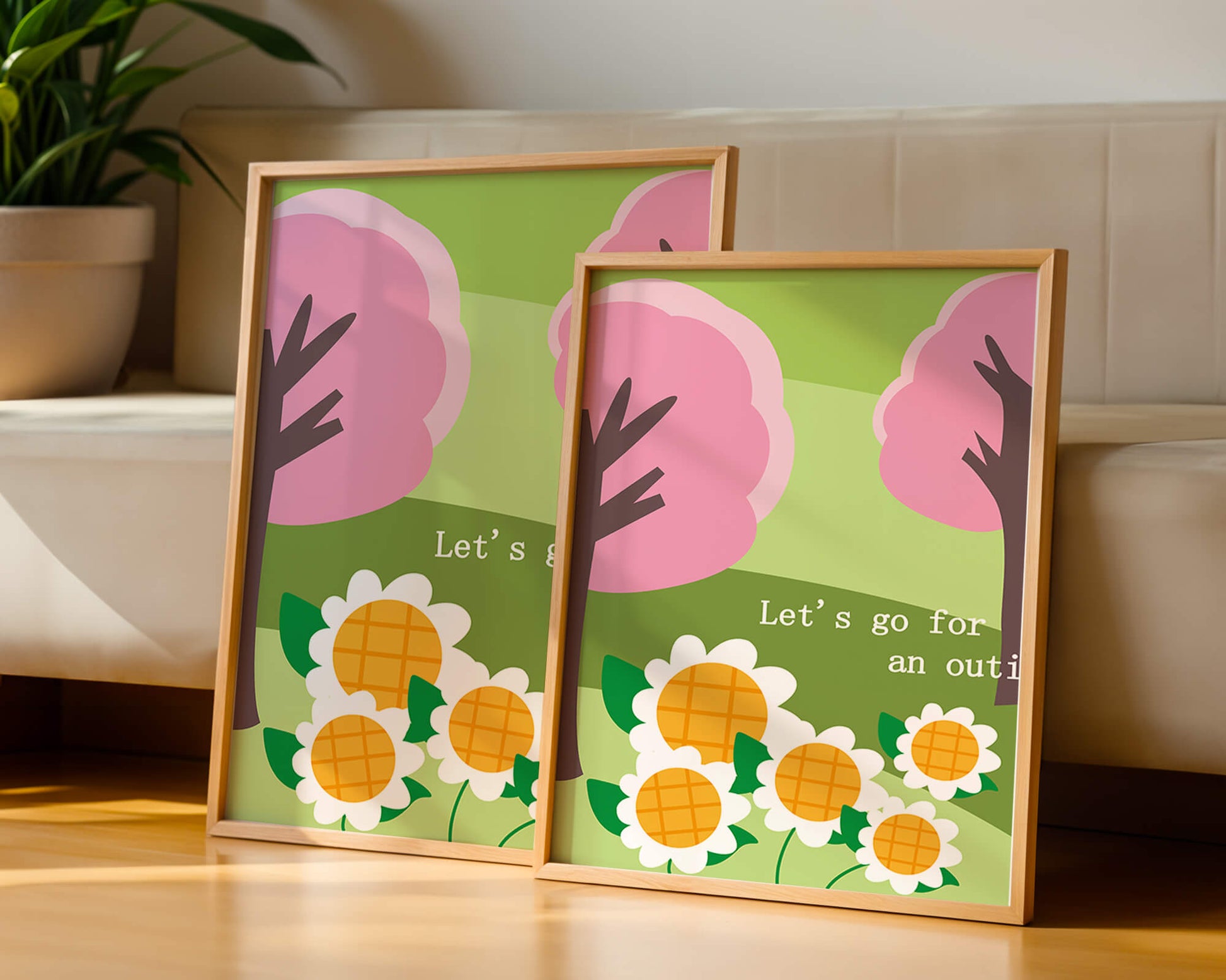 Charming spring landscape with pink trees and daisies