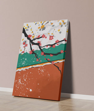Artistic depiction of blossom branches with gold elements and abstract background