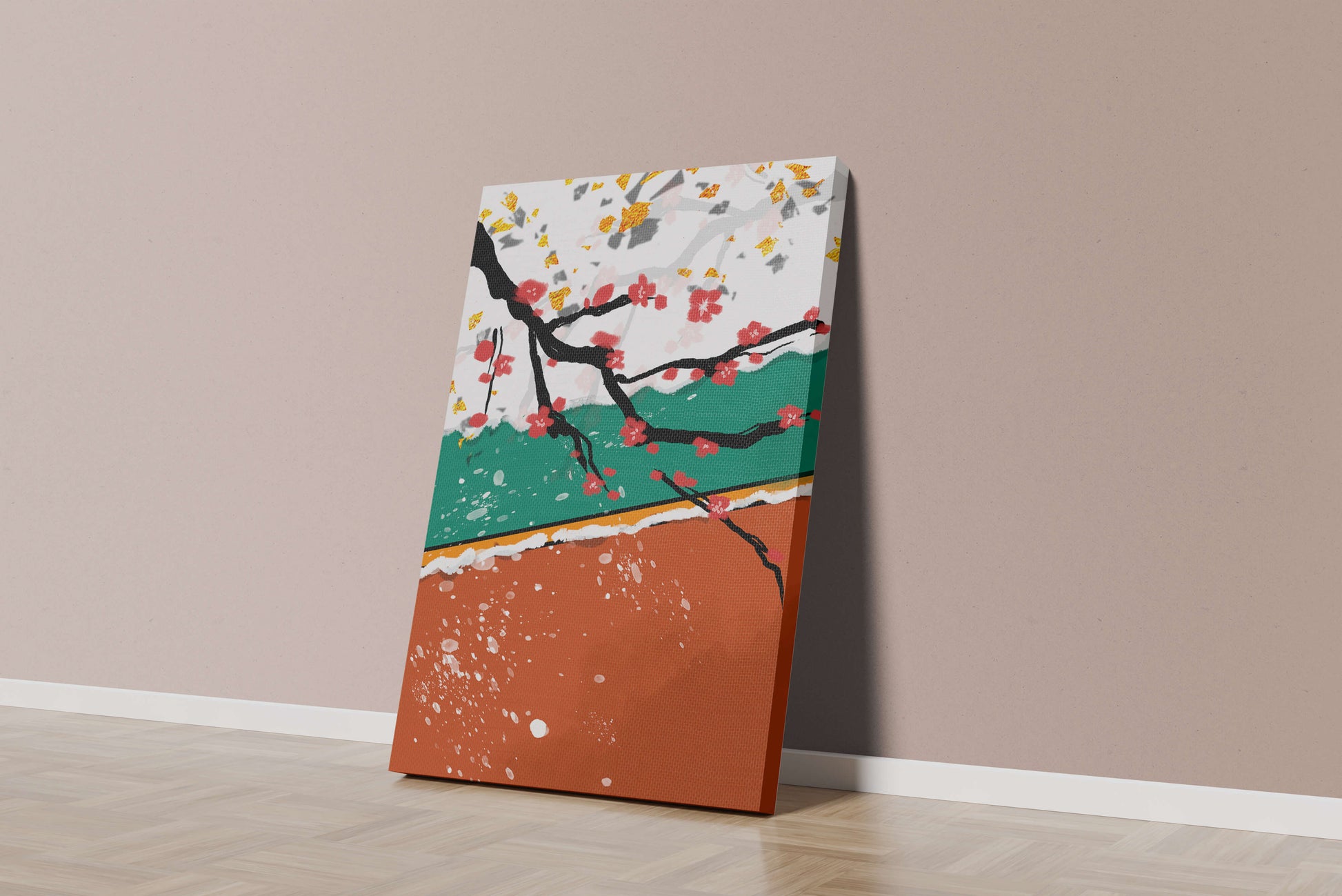 Artistic depiction of blossom branches with gold elements and abstract background