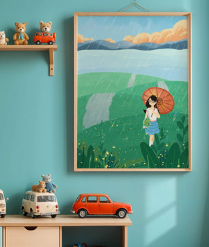 Girl with Umbrella in Rainy Meadow