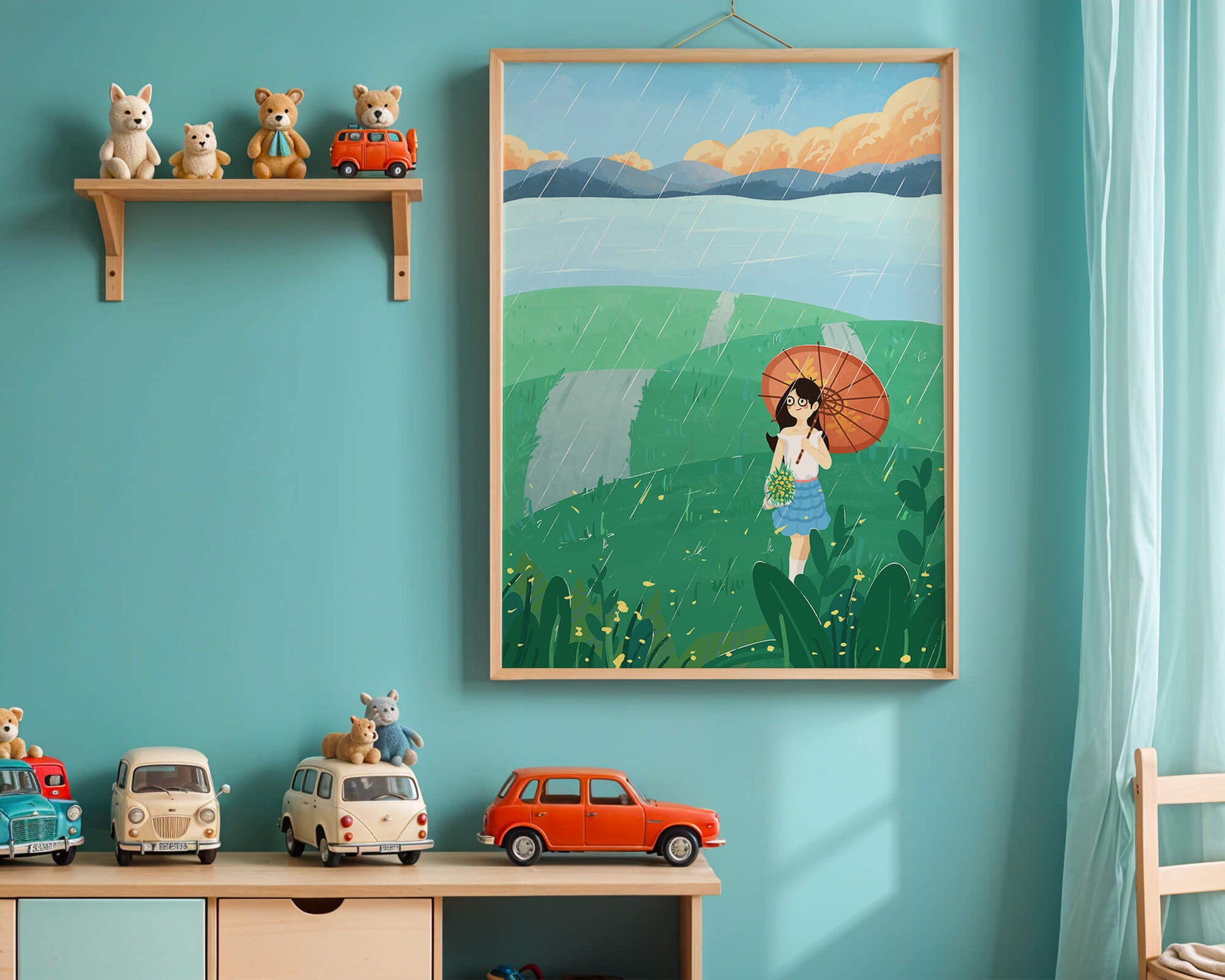 Girl with Umbrella in Rainy Meadow