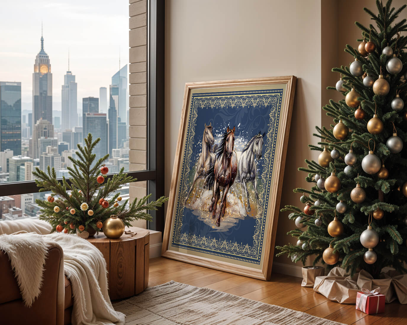 Running horses framed with elegant golden border on a blue background