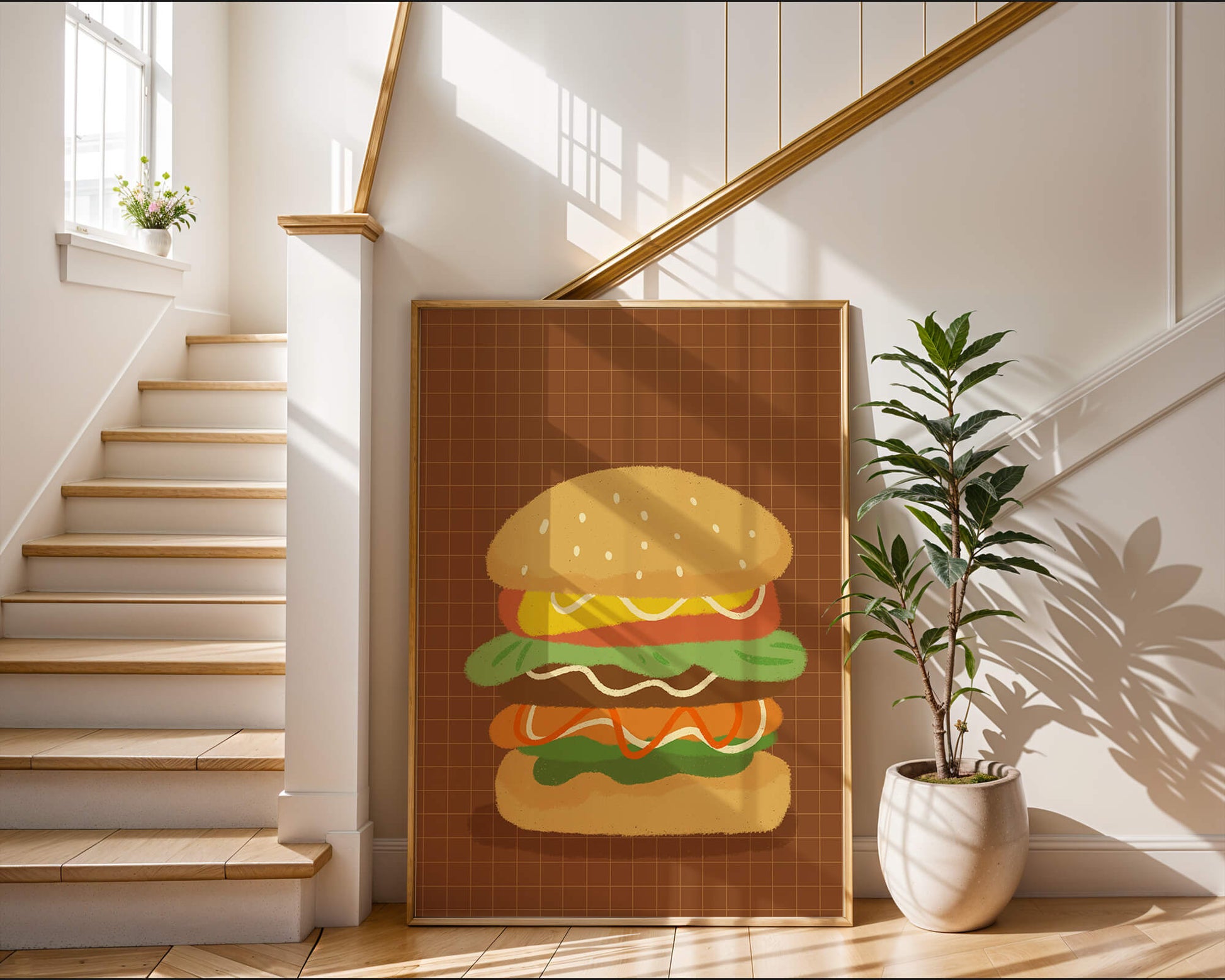 Illustrated cheeseburger with colorful layers on a grid background