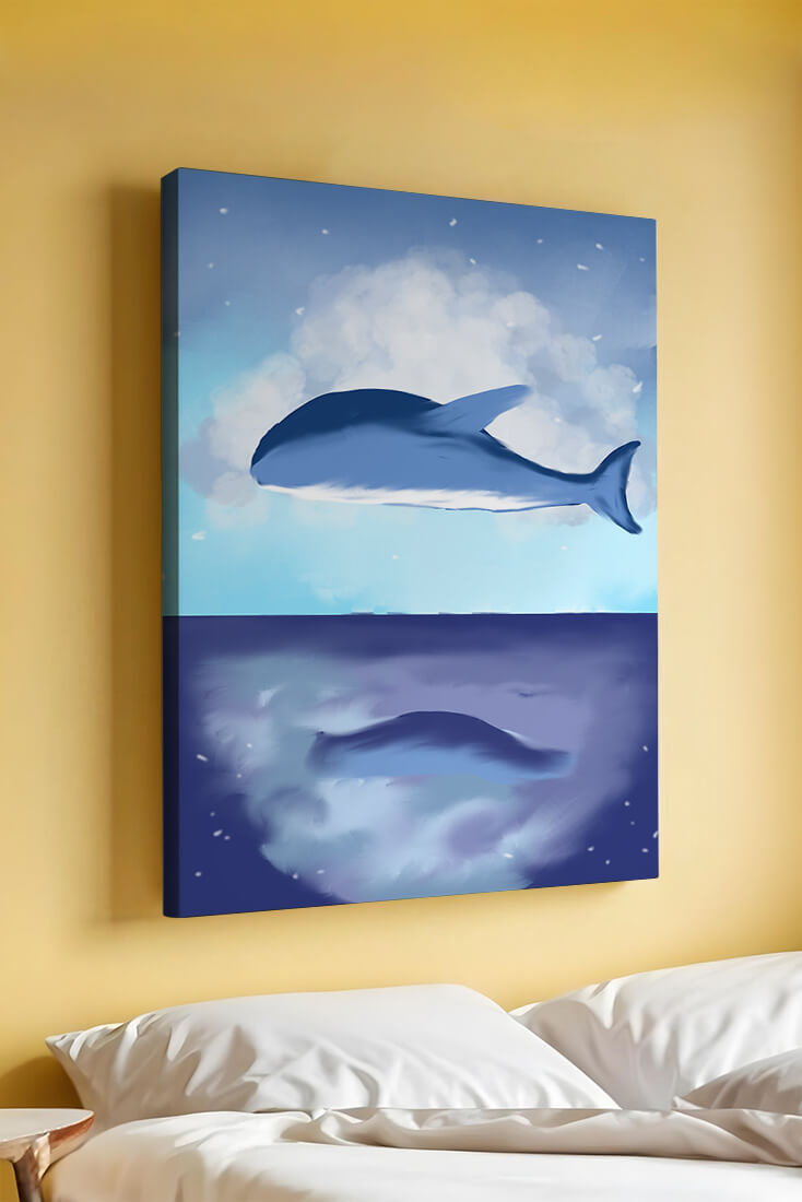 Surreal Ocean Scene with Floating Whale and Cloudy Sky Reflection