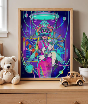 Geisha cibernética futurista con elementos de realidad virtual