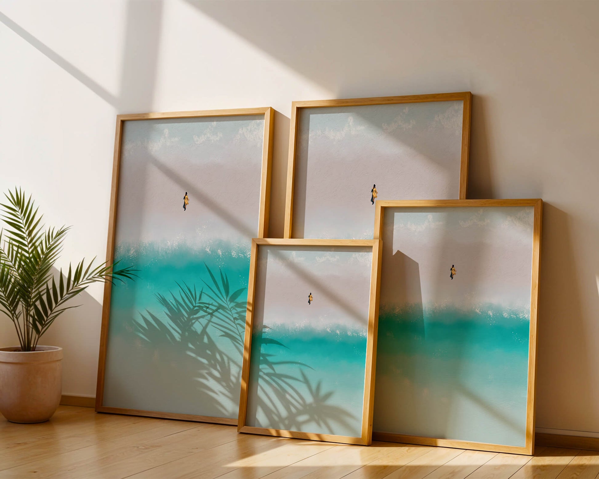 Serene beach with turquoise waves and solitary figure