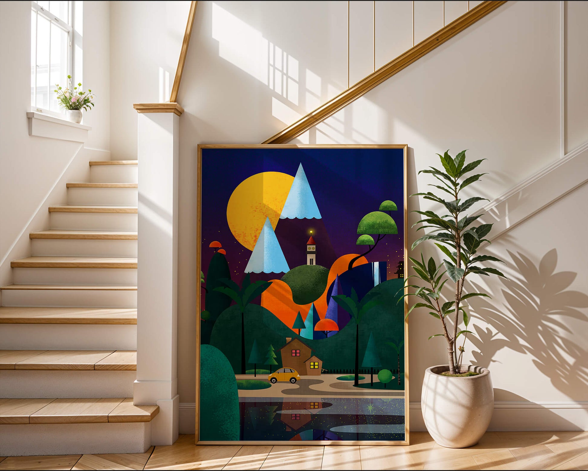 Colorful Modern Landscape with Geometric Elements and A House by The Lake Under The Night Sky