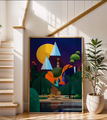 Colorful Modern Landscape with Geometric Elements and A House by The Lake Under The Night Sky