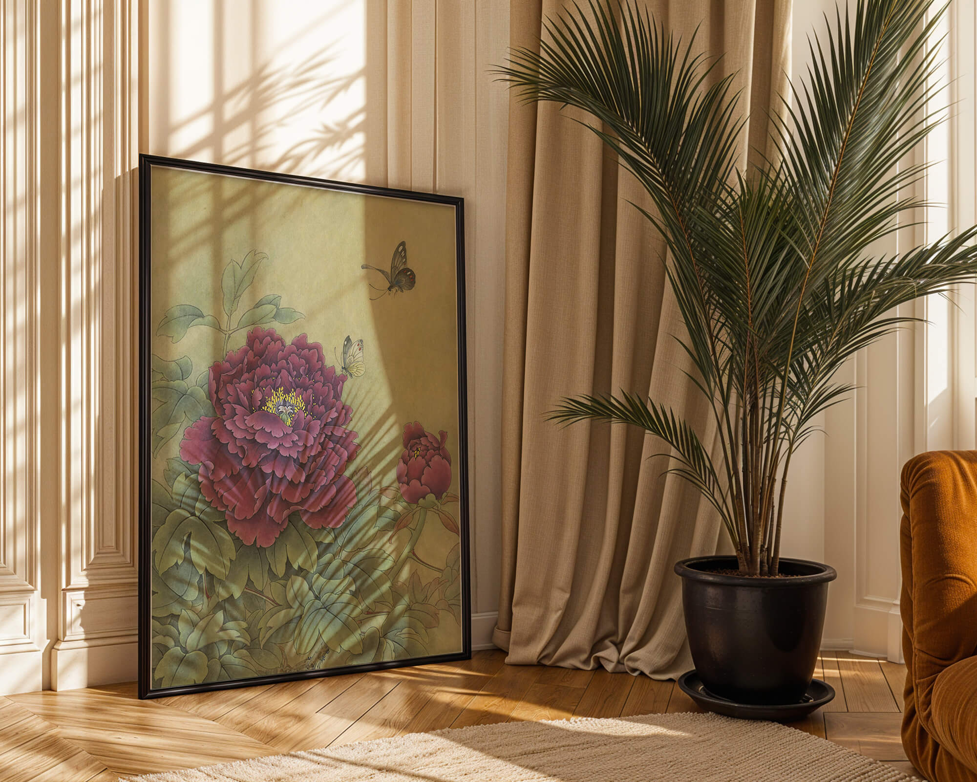 Delicate peonies with butterflies in a serene natural setting