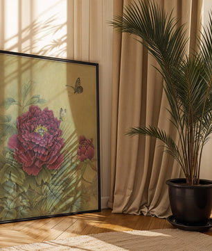 Delicate peonies with butterflies in a serene natural setting