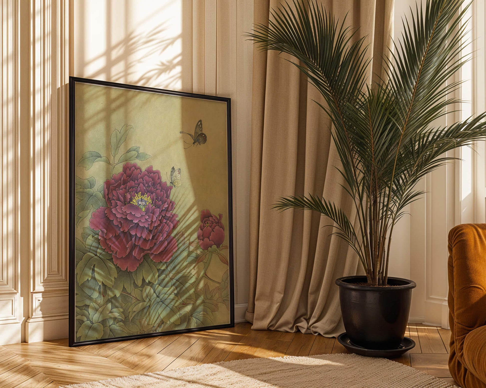 Delicate peonies with butterflies in a serene natural setting