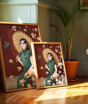 Mujer elegante con parasol y flores de magnolia sobre fondo rojo