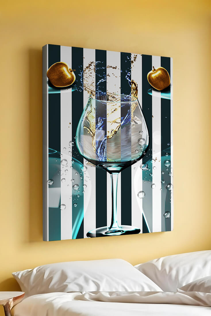 Elegant Glass of Champagne with Golden Apples and Striped Background
