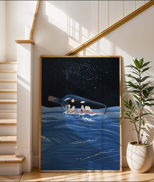 Surreal illustration of a bottle on the ocean with a starry night sky