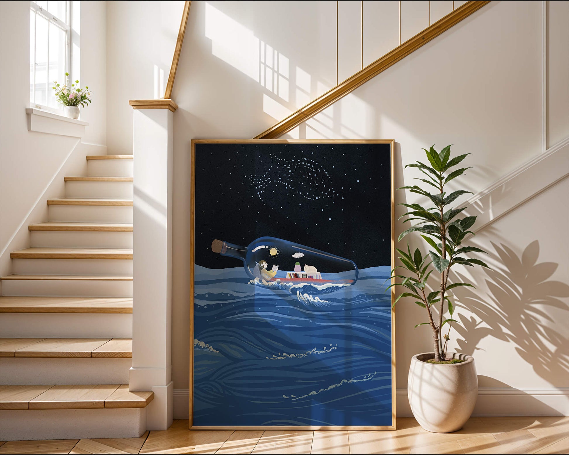 Surreal illustration of a bottle on the ocean with a starry night sky