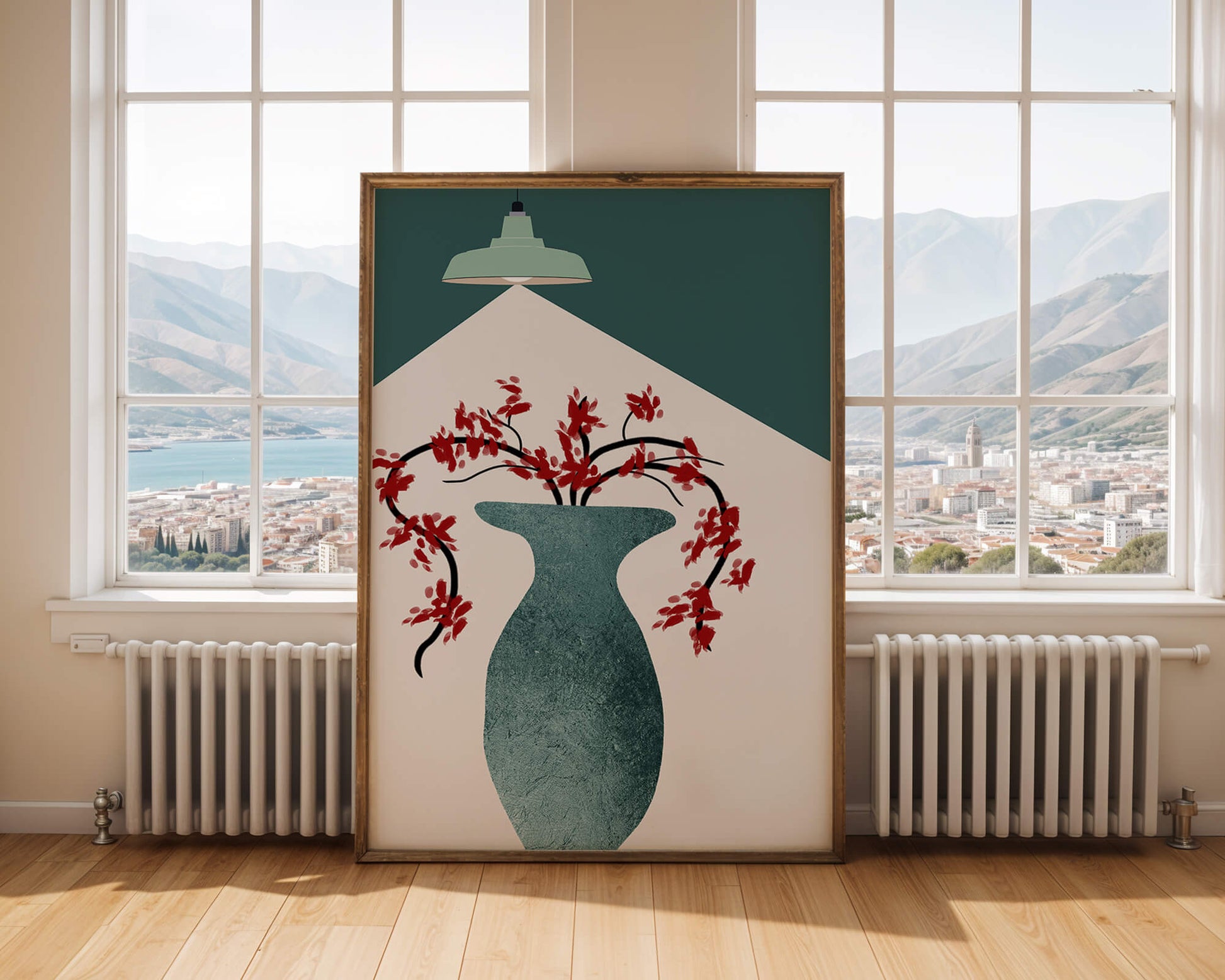 Modern Minimalist Vase with Red Flowers Under Green Lamp