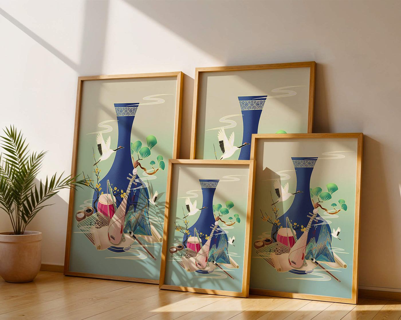 Traditional Asian art scene featuring vase, musical instruments, and cranes