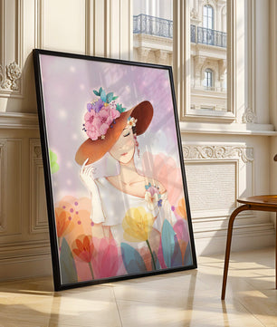 Mujer elegante con sombrero floral entre flores coloridas