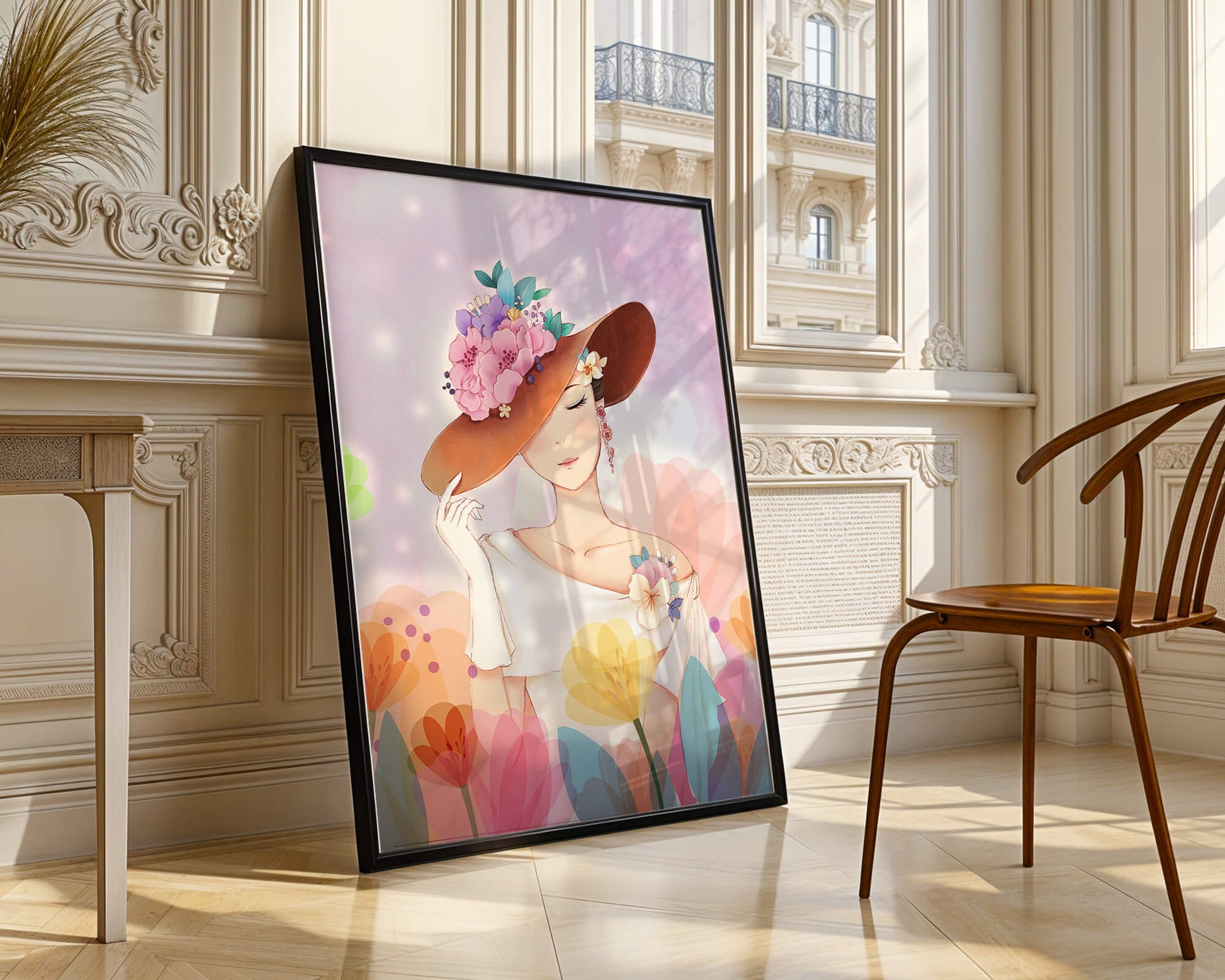 Mujer elegante con sombrero floral entre flores de colores