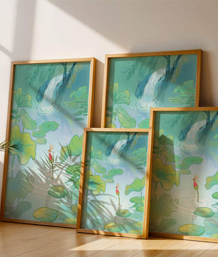 Serene pond scene with lotus leaves and waterfall