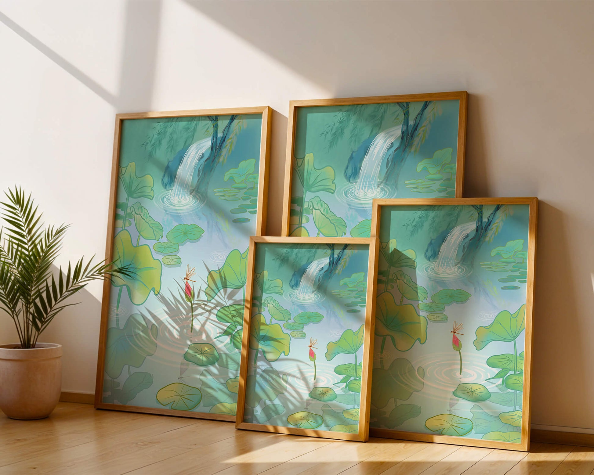 Serene pond scene with lotus leaves and waterfall