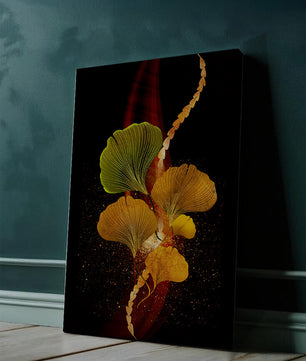 Art abstrait floral avec des feuilles de gingko dorées et un fond sombre