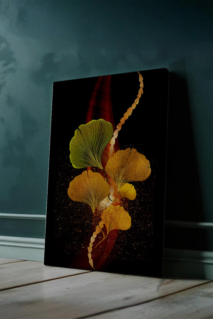 Art abstrait floral avec des feuilles de gingko dorées et un fond sombre