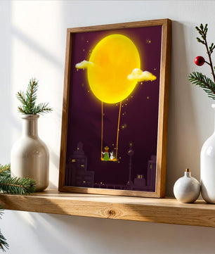 Whimsical night scene with a girl and a rabbit on a swing beneath a glowing moon