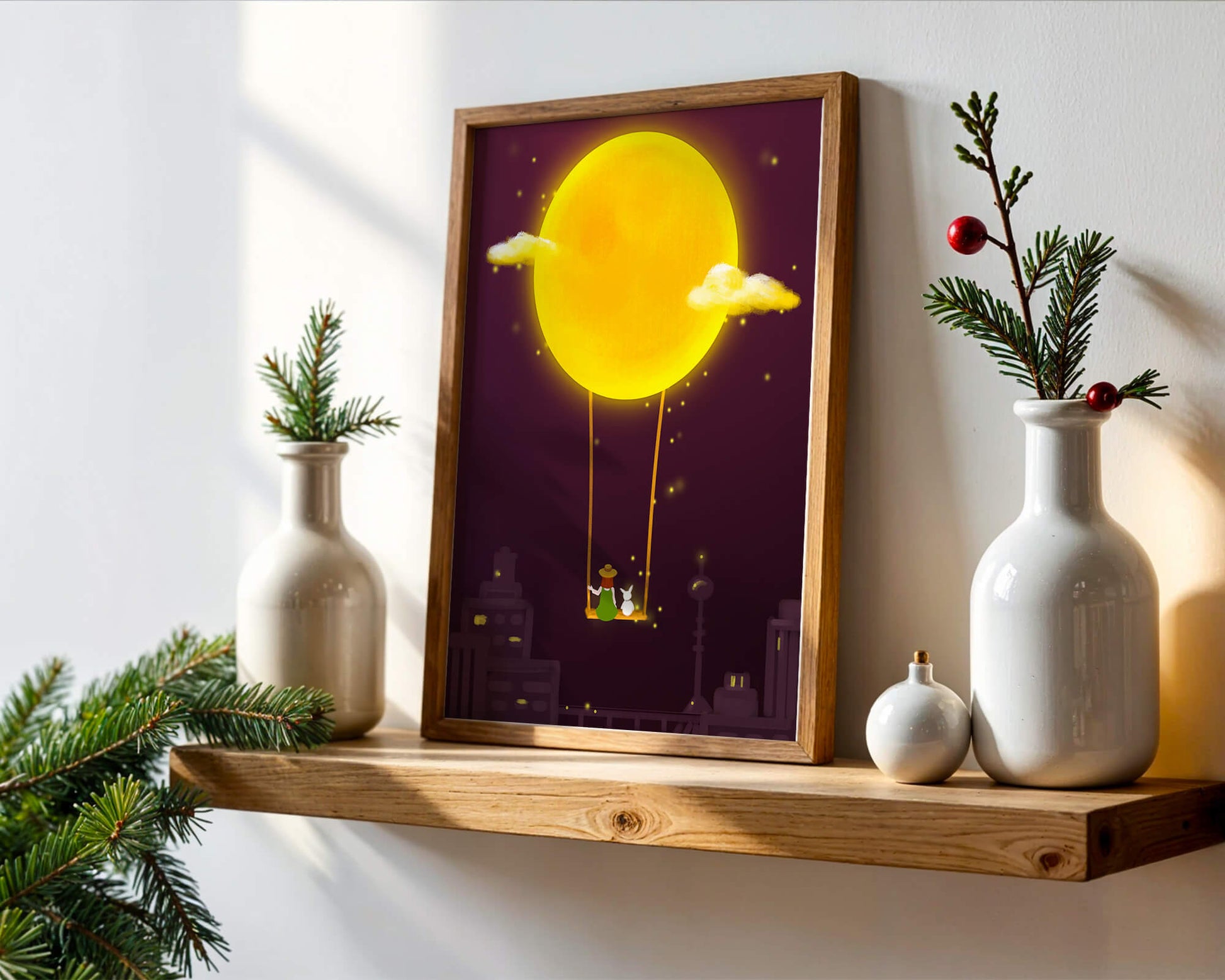 Whimsical night scene with a girl and a rabbit on a swing beneath a glowing moon