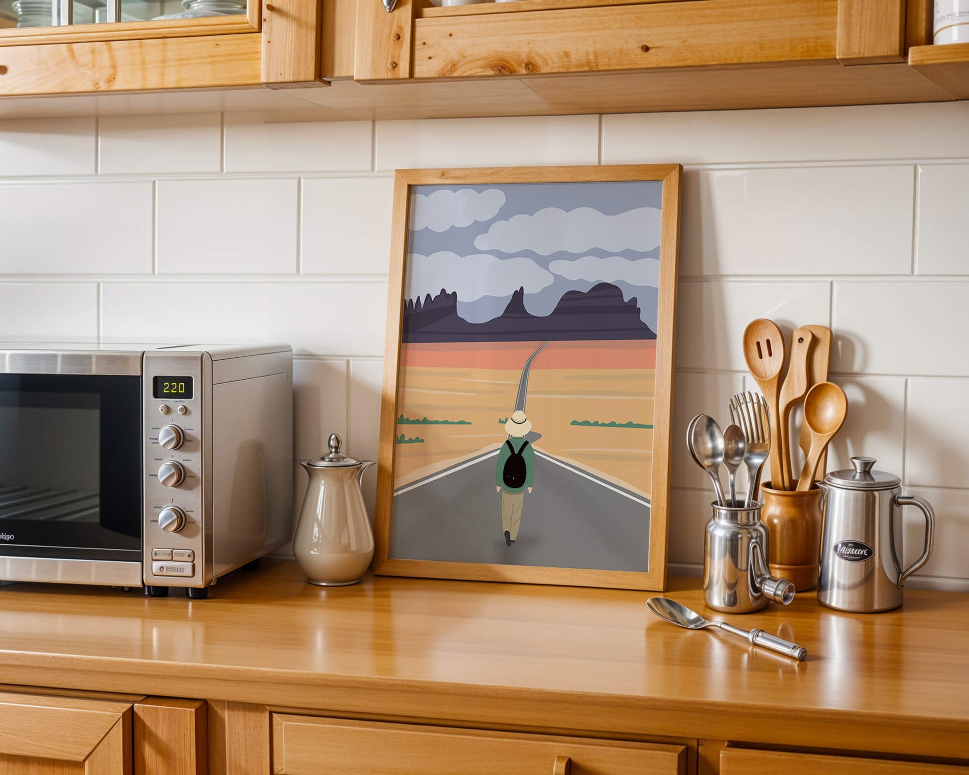 Traveler Walking on Endless Road Toward Mountains