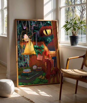 Jardín encantado con hada, serpiente y elementos misteriosos