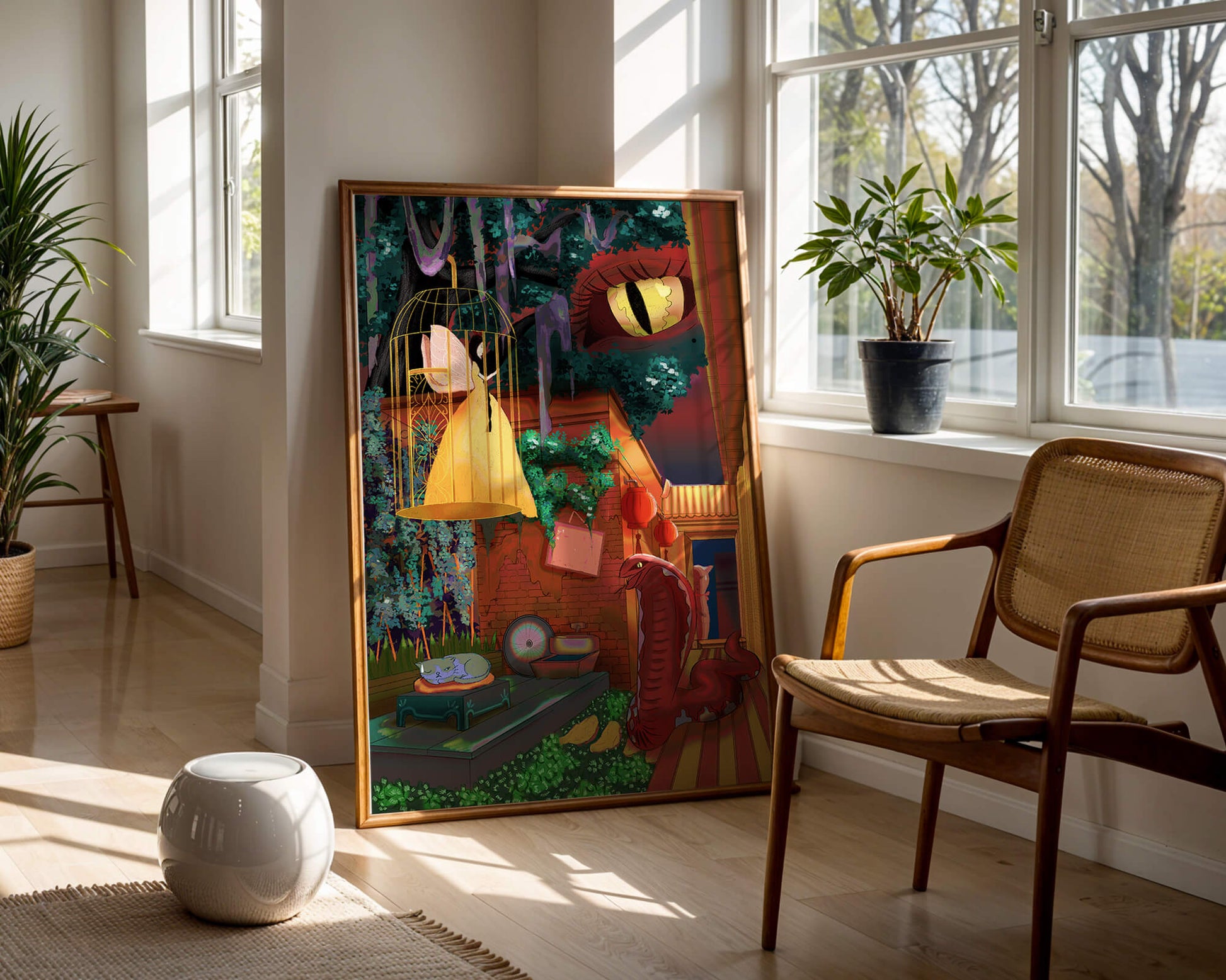Enchanted garden with fairy, snake, and mysterious elements