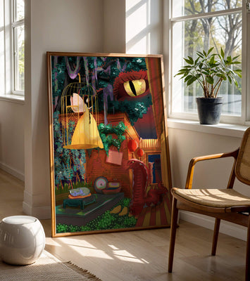 Enchanted garden with fairy, snake, and mysterious elements