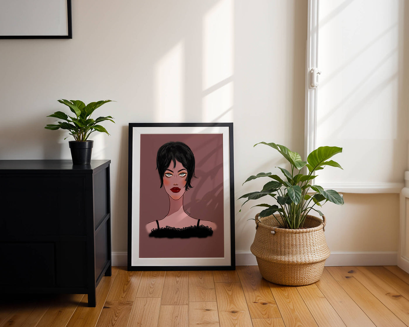 Illustration of a woman with short black hair and striking makeup on a brown background