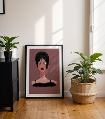 Illustration of a woman with short black hair and striking makeup on a brown background