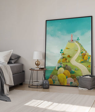 Charming lighthouse illustration on a scenic hilltop