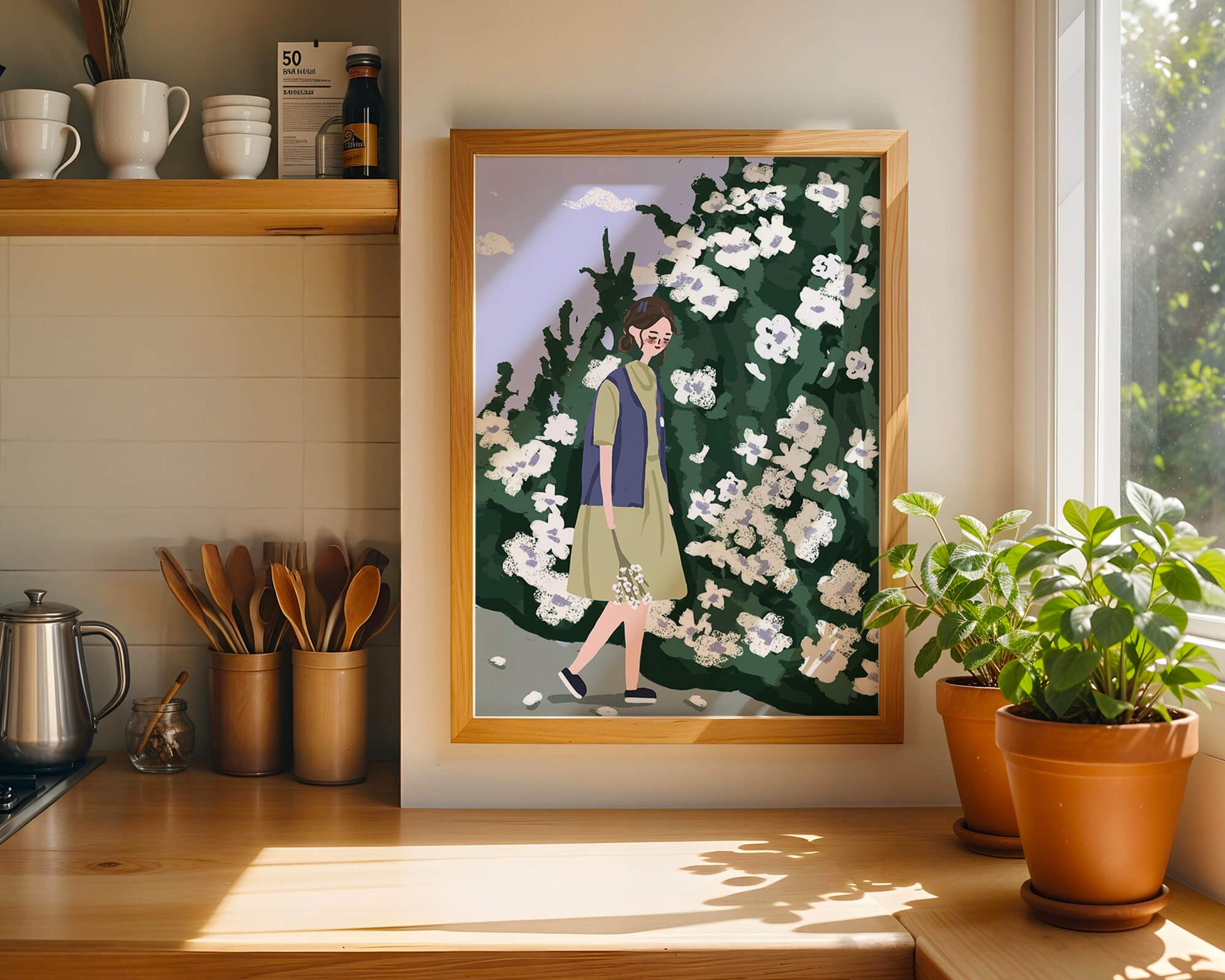 Woman walking by a lush white flower bush on a sunny day